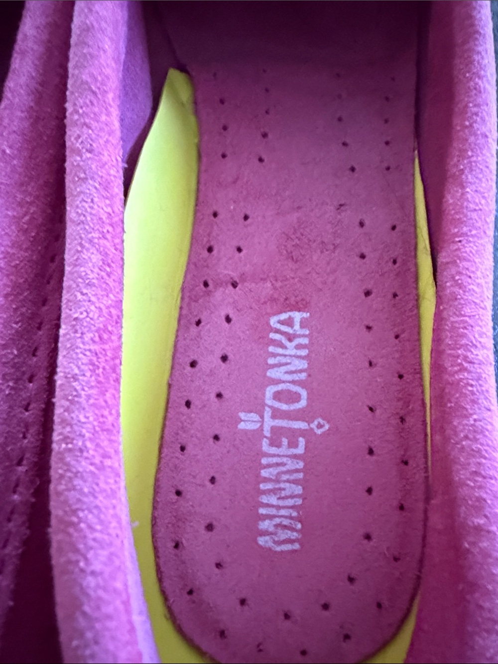Minnetonka Pink Suede Moccasins with Yellow Insole - Picture 4 of 8
